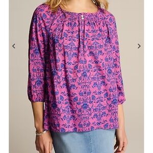 J. Jill Smocked Floral-Print 100% cotton Top blouse pink blue womens 2XL XXL NWT